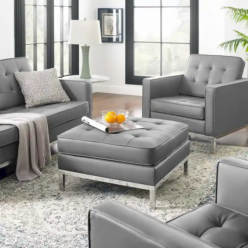 Tufted Vegan Leather Ottoman - Mid-Century Modern Style