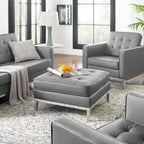 Tufted Vegan Leather Ottoman - Mid-Century Modern Style
