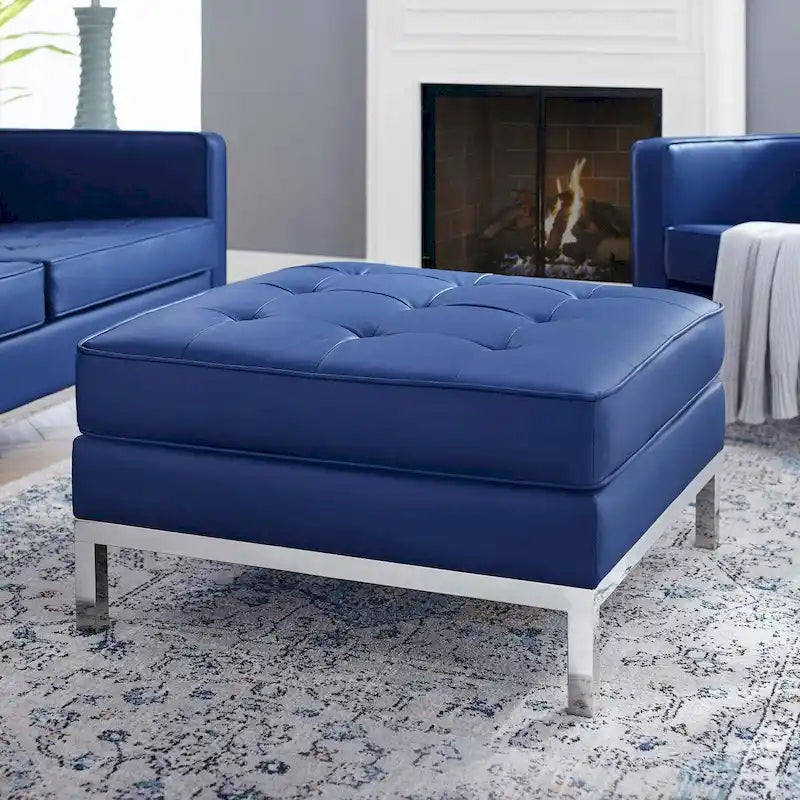 Tufted Vegan Leather Ottoman - Mid-Century Modern Style
