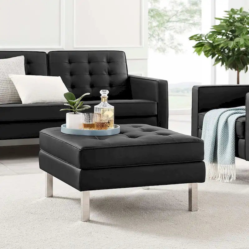 Tufted Vegan Leather Ottoman - Mid-Century Modern Style