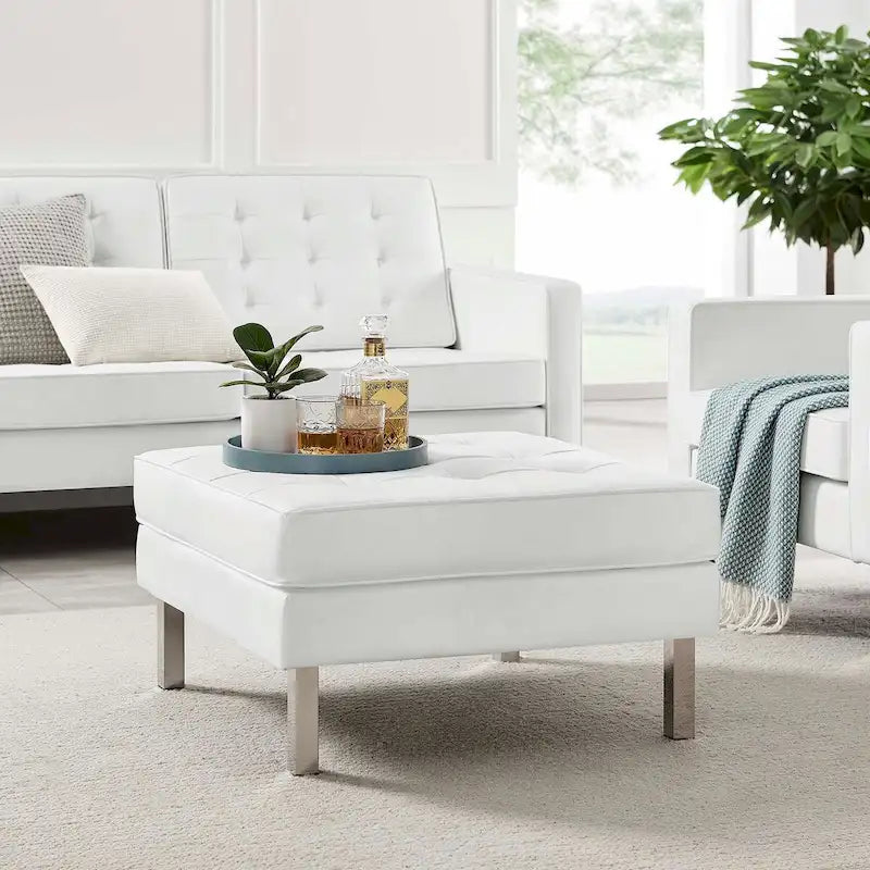 Tufted Vegan Leather Ottoman - Mid-Century Modern Style