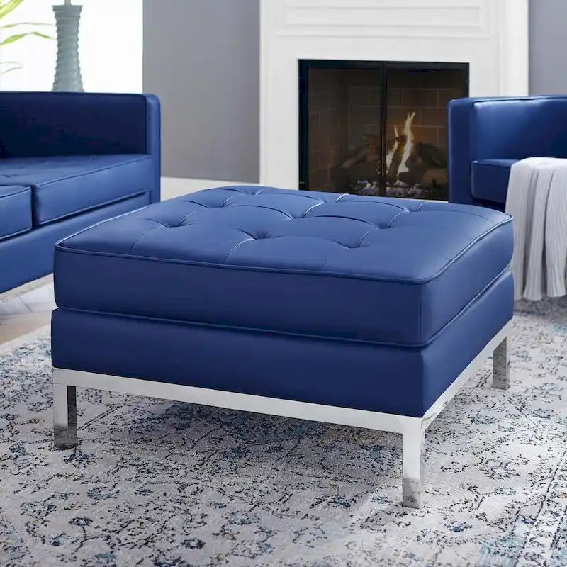 Tufted Vegan Leather Ottoman - Mid-Century Modern Style