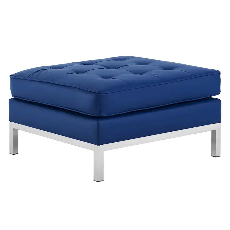 Tufted Vegan Leather Ottoman - Mid-Century Modern Style