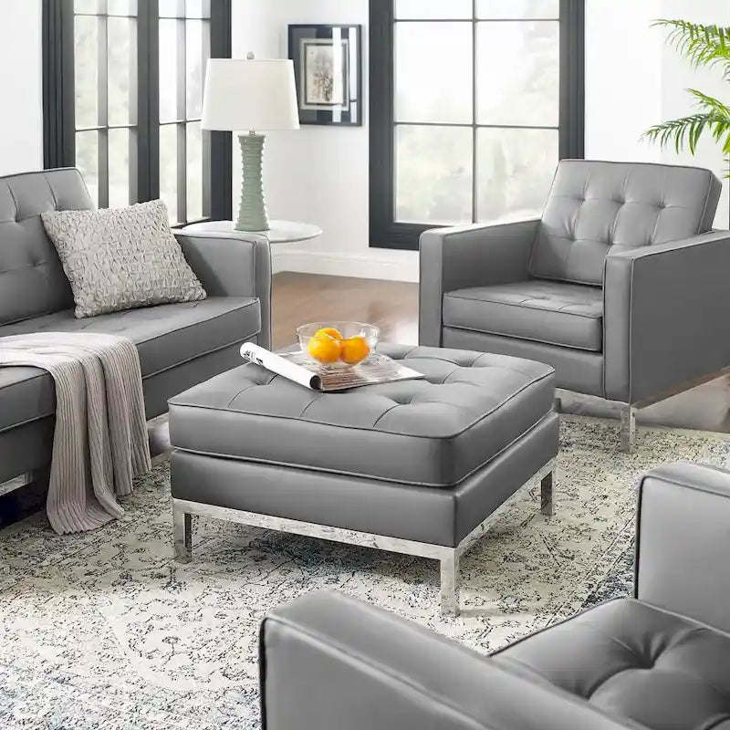 Tufted Vegan Leather Ottoman - Mid-Century Modern Style