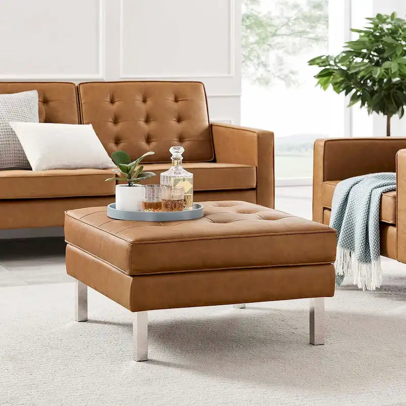Tufted Vegan Leather Ottoman - Mid-Century Modern Style