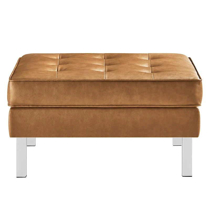Tufted Vegan Leather Ottoman - Mid-Century Modern Style