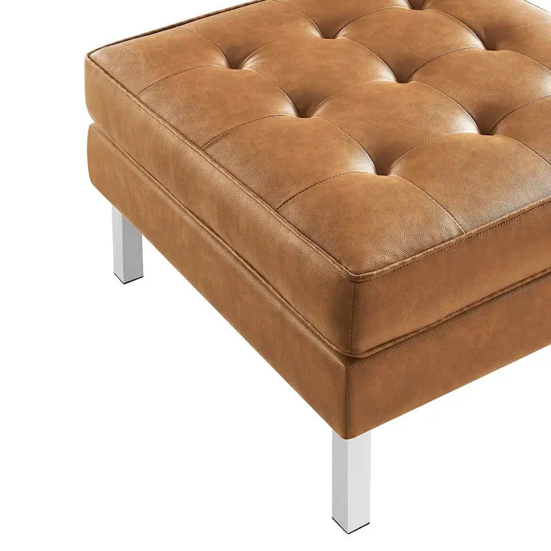 Tufted Vegan Leather Ottoman - Mid-Century Modern Style