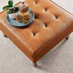 Tufted Vegan Leather Ottoman - Mid-Century Modern Style