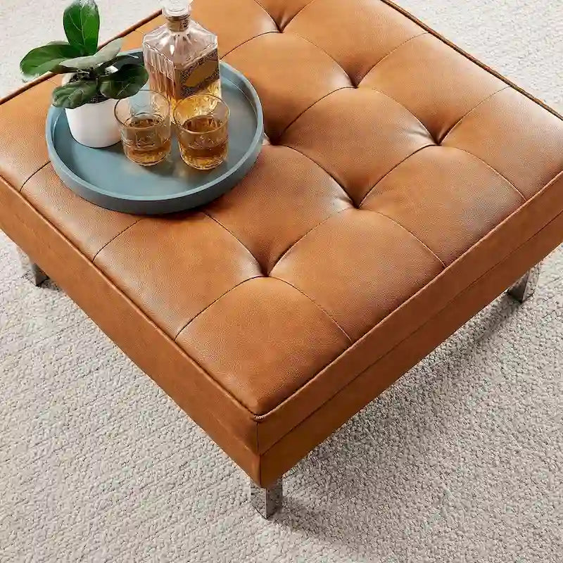 Tufted Vegan Leather Ottoman - Mid-Century Modern Style