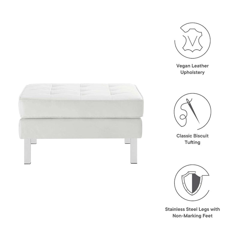 Tufted Vegan Leather Ottoman - Mid-Century Modern Style