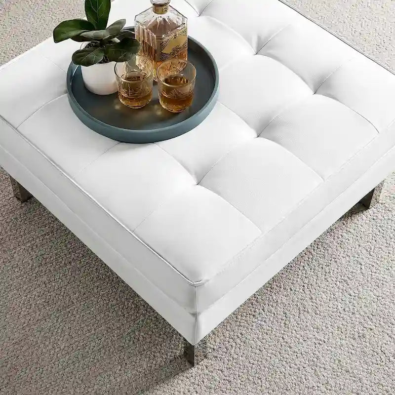 Tufted Vegan Leather Ottoman - Mid-Century Modern Style