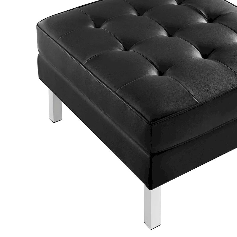 Tufted Vegan Leather Ottoman - Mid-Century Modern Style