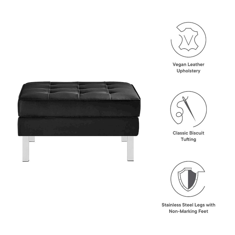 Tufted Vegan Leather Ottoman - Mid-Century Modern Style