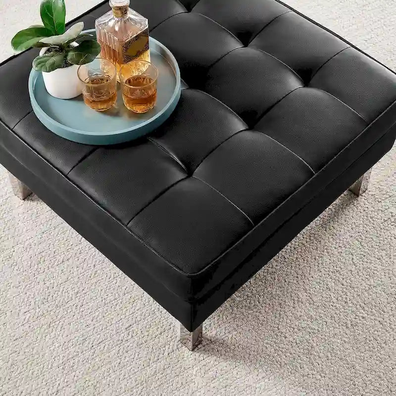 Tufted Vegan Leather Ottoman - Mid-Century Modern Style