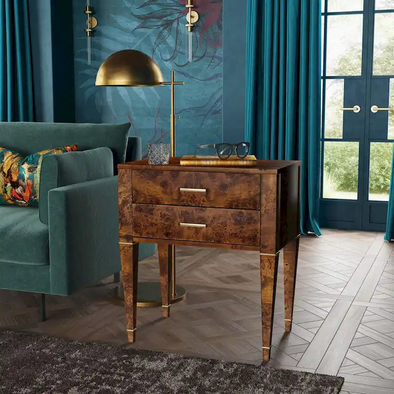 2 Drawer Burl Wood End Table