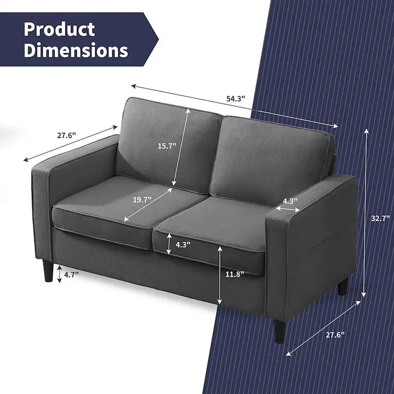 Gray Fabric Loveseat Sofa with Armrests - 2 Seater