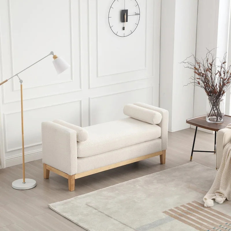 Elegant 53.5 Upholstered Ottoman Bench with Wood Legs & Bolster Pillows