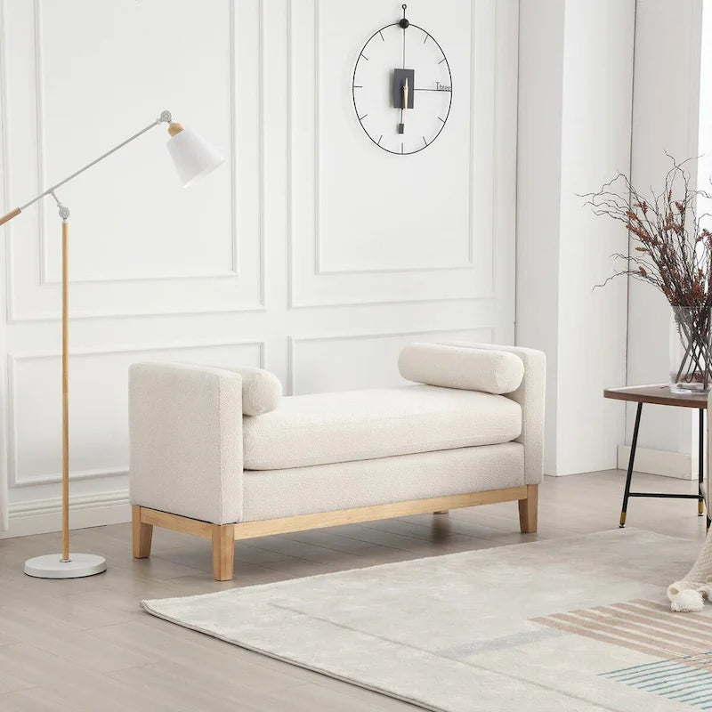 Elegant 53.5 Upholstered Ottoman Bench with Wood Legs & Bolster Pillows