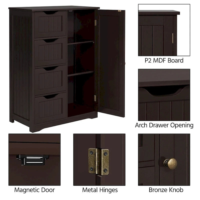 4-Drawer Floor Storage Cabinet with Cupboard - White/Gray/Espresso