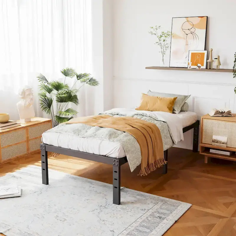 18 Inch Black Metal Platform Bed Frame With Wood Slats Support