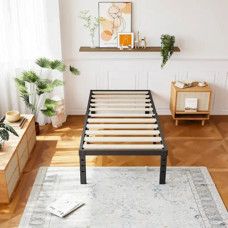 18 Inch Black Metal Platform Bed Frame With Wood Slats Support