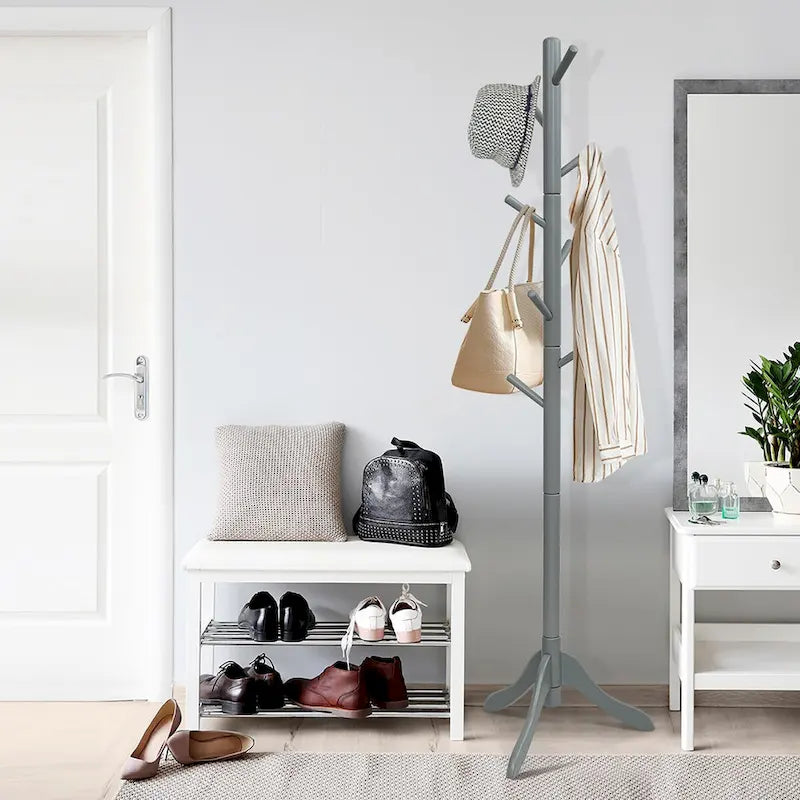 Wooden Coat Rack Stand Hall Tree 2 Adjustable Height w/ 8 Hooks