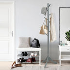 Wooden Coat Rack Stand Hall Tree 2 Adjustable Height w/ 8 Hooks
